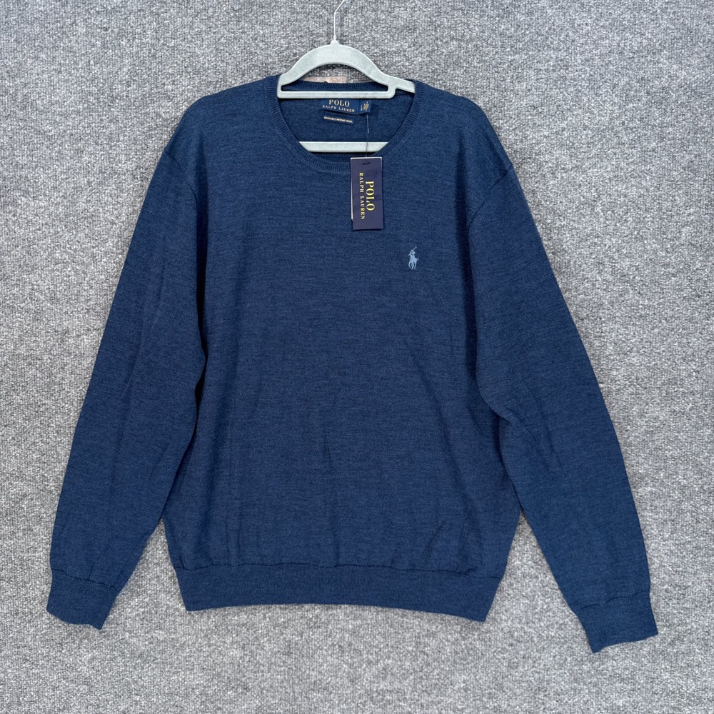 Polo Ralph Lauren Sweater Mens Large Blue Washable Merino Wool Crewneck NEW